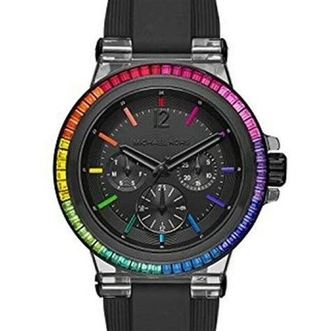 black michael kors watch with rainbow|Michael Kors black silicone watch.